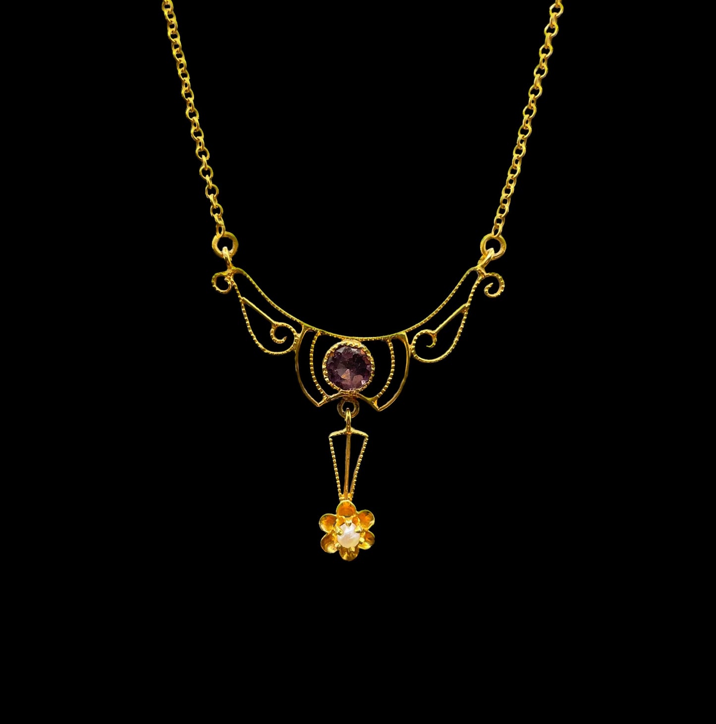 Amethyst and Pearl Lavalier Necklace