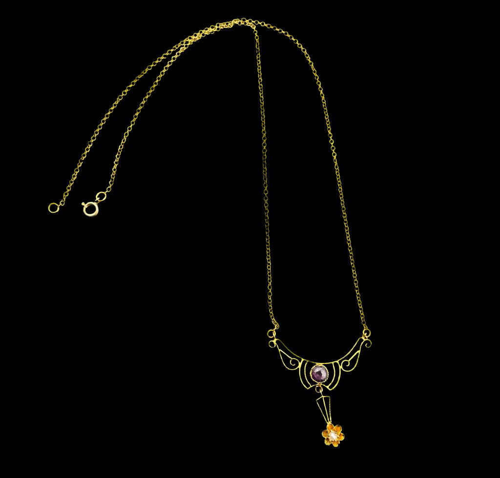 Amethyst and Pearl Lavalier Necklace