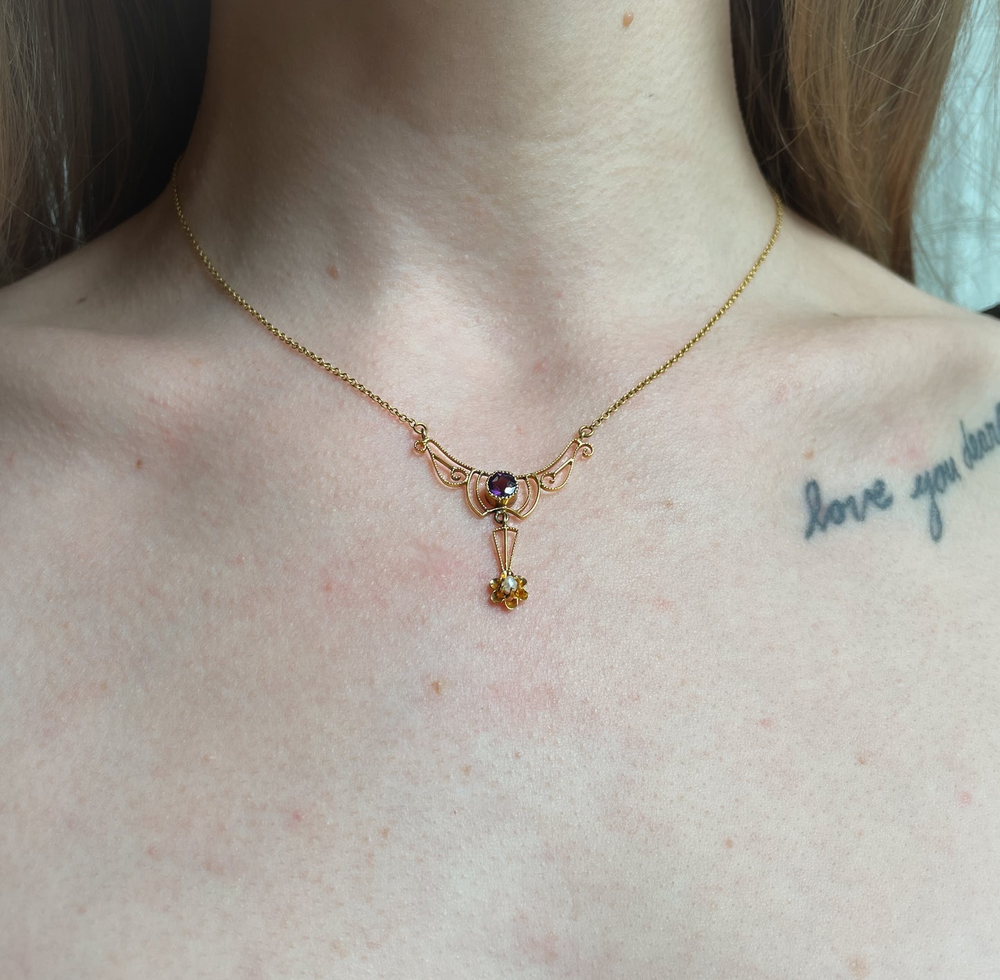 Amethyst and Pearl Lavalier Necklace
