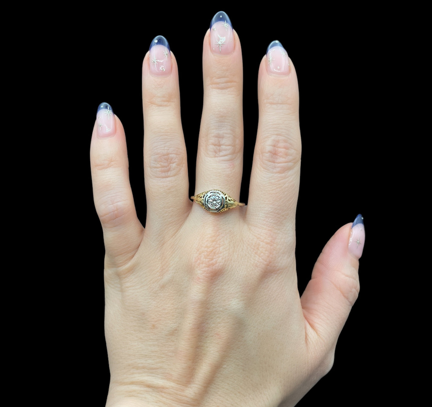 Deco Filigree Solitaire Ring