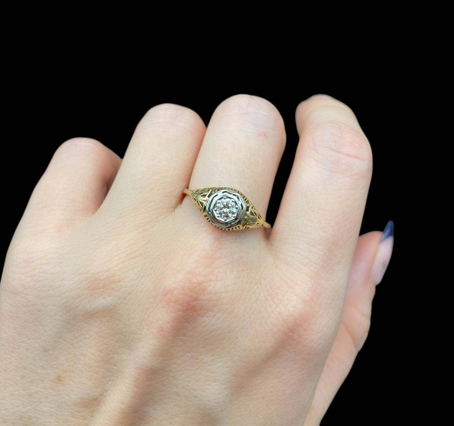 Deco Filigree Solitaire Ring